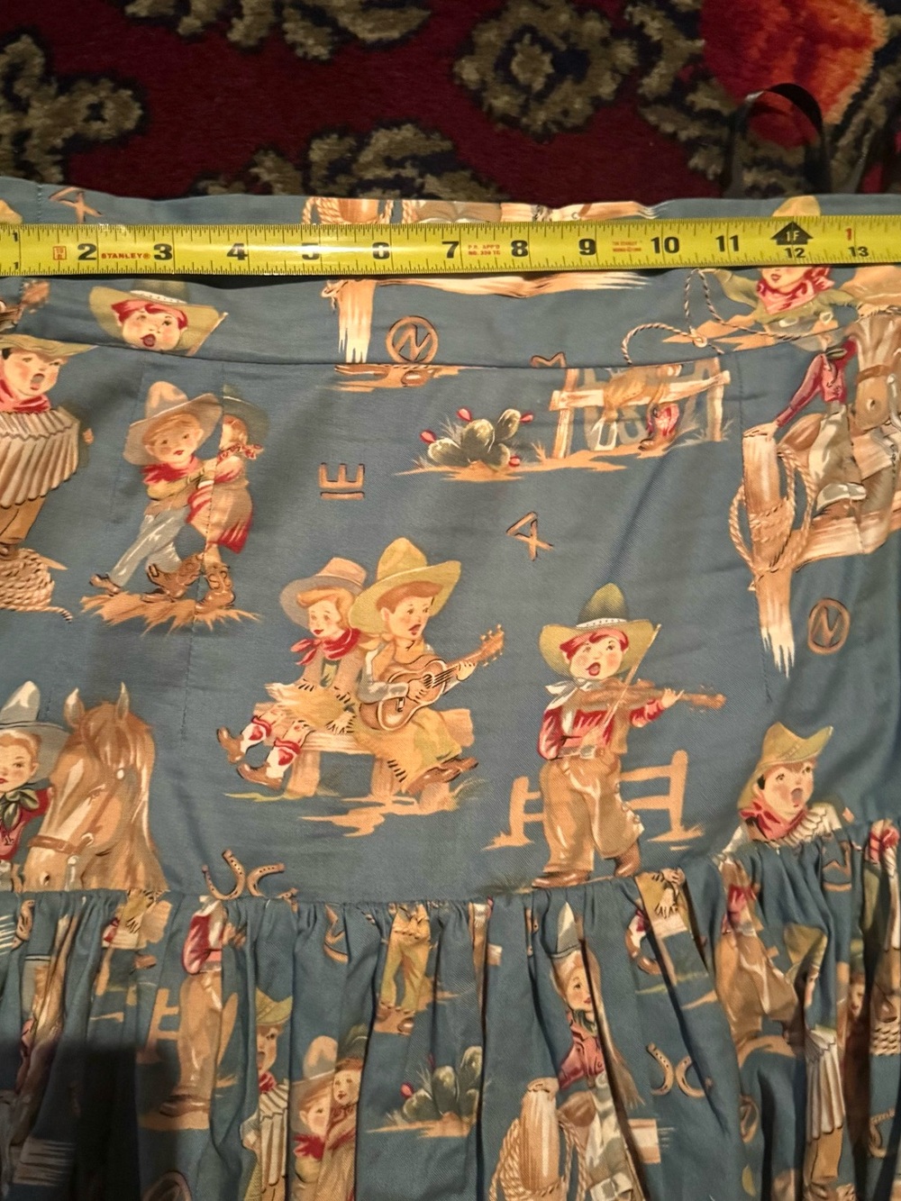Vintage-Inspired Baby Cowboy Print Tiered Midi Skirt in Turquoise Blue 6 - Picture 5 of 7